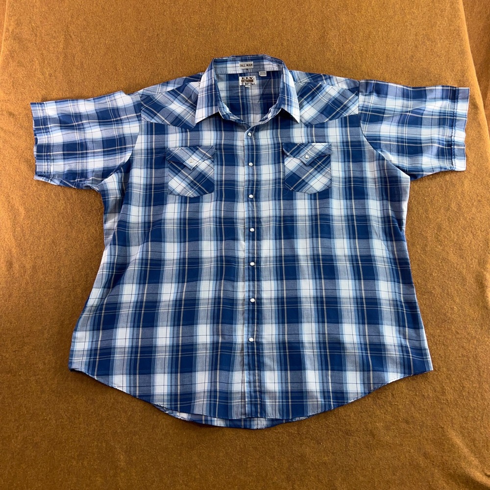 Ely Cattleman Mens 3XLT Blue Plaid Western Pearl Snap Shirt